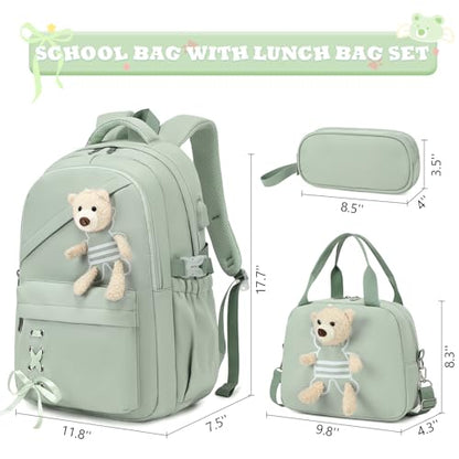 ACESAK School Backpack for Girls - 3 PCS Cute Girls Backpack with Lunch Box & Pencil Case - Kawaii Casual Kids Bookbag School Bag Daypacks Set for Elementary Middle High School Student Teens (Green) - color: Green