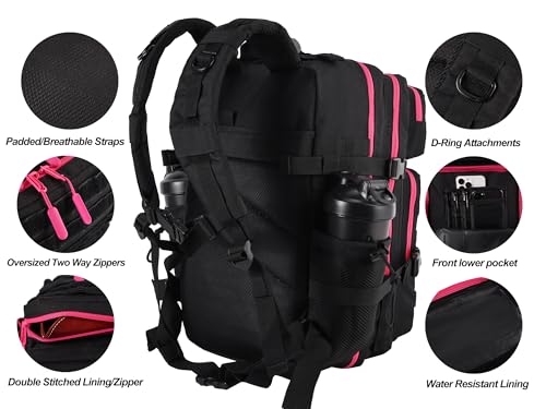 LHI Military Tactical Backpack for Men and Women 45L Army 3 Days Assault Pack Bag Large Rucksack with Molle System - Black with red zipper - color: 1.0 Black With Red Zipper