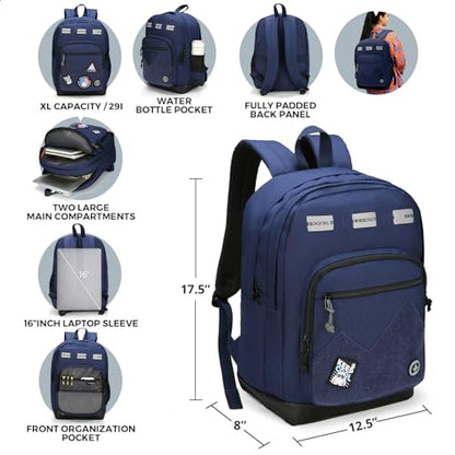 Swissdigital Design Big Student Laptop Backpack with Fun Personalized Patches For College Men & Women, Middle High School Teen Bookbag Cool Travel Daypack Blue -Includes 3 Patches | SD1718-12 - color: Dark Blue