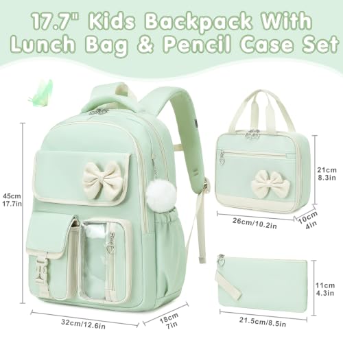 GeeWin Girls Backpack for School with Lunch Box & Pencil Case Set, 17 Inch Waterproof Cute Bow Girls Bookbag for Kids, Teens, Elementary Middle High College School Student (Green/Beige) - color: Green Beige