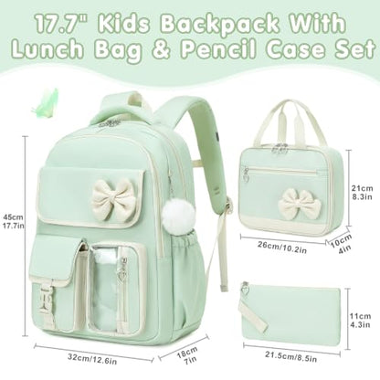 GeeWin Girls Backpack for School with Lunch Box & Pencil Case Set, 17 Inch Waterproof Cute Bow Girls Bookbag for Kids, Teens, Elementary Middle High College School Student (Green/Beige) - color: Green Beige