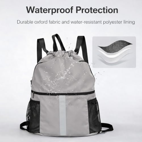 PPZ Drawstring Sports Backpack with Side Mesh Pockets, Lightweight Gym & Travel Bag with Water Bottle Holders for Fitness, Outdoor Activities and Daily Use – Gray