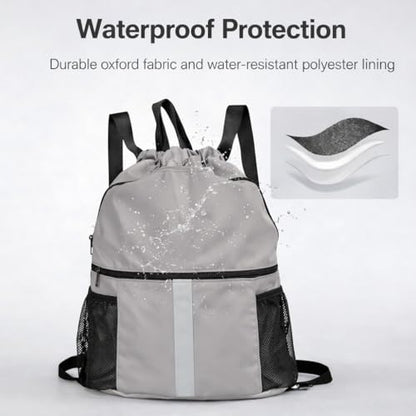 PPZ Drawstring Sports Backpack with Side Mesh Pockets, Lightweight Gym & Travel Bag with Water Bottle Holders for Fitness, Outdoor Activities and Daily Use – Gray