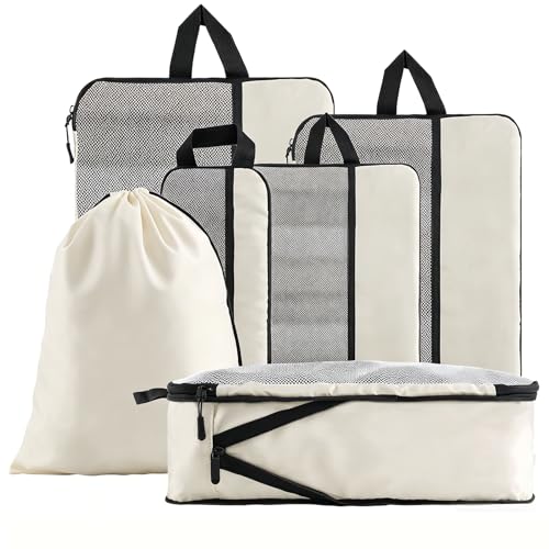 U+U 6 Set Compression Packing Cubes - Ultralight Cream Travel Organizers with Laundry Bag, Space-Saving Suitcase Organizer, Expandable Packing Cubes for Travel and Family Vacation (Cream) - color: Cream, size: 6 Set