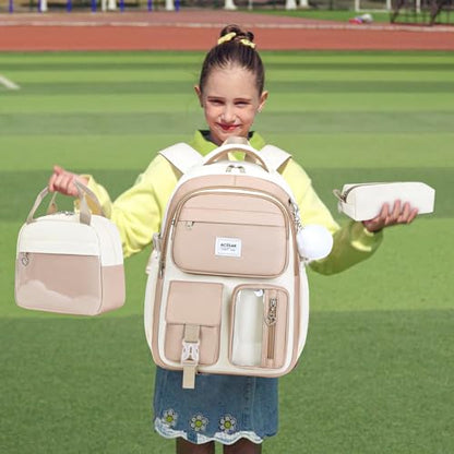 ACESAK Backpack for Girls - Girls Backpack with Lunch Bag & Pencil Pouch for Teen Kids Laptop Backpack for Women, Elementary Middle High School Bookbag Travel Daypack (Khaki) - color: Khaki