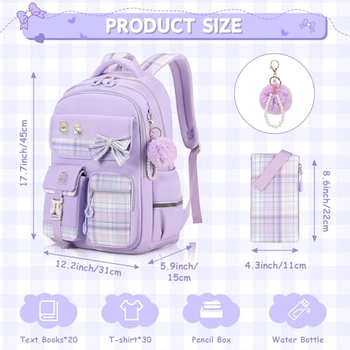 MOONBABY Girls Backpack, Kids Backpack for Girls School Bags with Pen Case, Bow Plaid Book Bag for Elementary Middle Primary High School College, Purple-2pcs - color: Purple