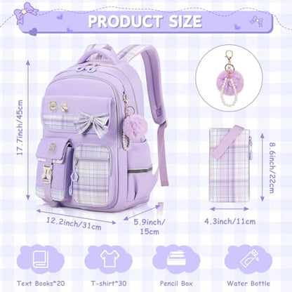 MOONBABY Girls Backpack, Kids Backpack for Girls School Bags with Pen Case, Bow Plaid Book Bag for Elementary Middle Primary High School College, Purple-2pcs - color: Purple