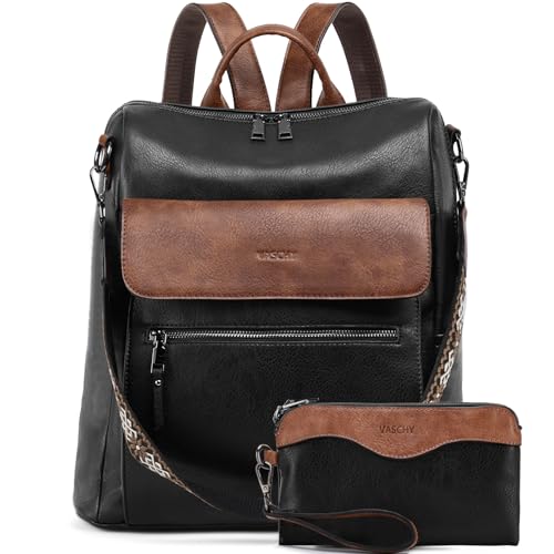 VASCHY Backpack Purse for Women, Large Vegan Leather Backpack Purse with Wallet Pouch Set Convertible Handbag for Ladies Guitar Strap Black and Brown - color: Black and Brown