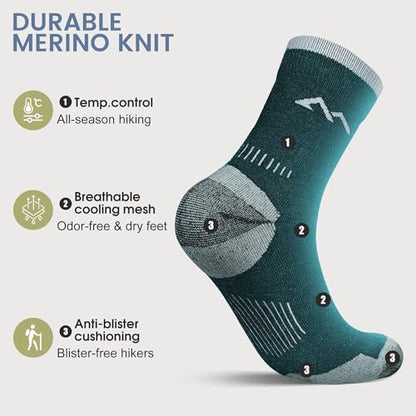 innotree Men's Merino Wool Hiking Socks 3 Pairs, Moisture Wicking Cushioned Breathable Crew Socks for Hiking Walking Trekking - color: Dark Grey, Light Gray, Cyan, size: Large