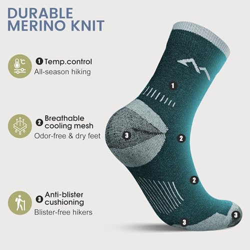 innotree Men's Merino Wool Hiking Socks 3 Pairs, Moisture Wicking Cushioned Breathable Crew Socks for Hiking Walking Trekking - color: Dark Grey, Light Gray, Cyan, size: X-Large