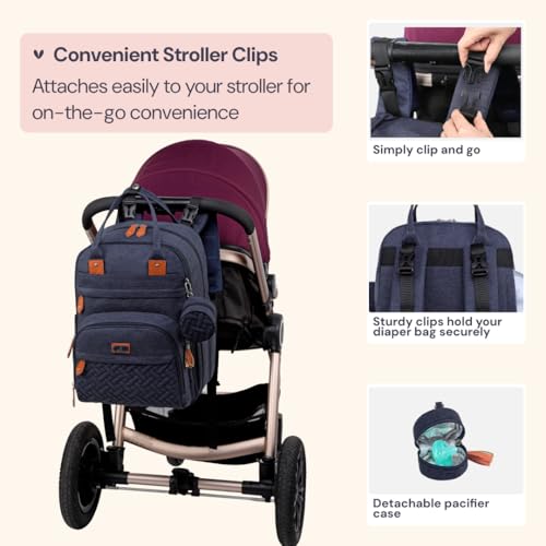 BabbleRoo Diaper Bag Backpack - Baby Essentials Travel Tote - Multi Function Water Resistant Diaper Bag, Travel Essentials Baby Bag with Changing Pad, Stroller Straps & Pacifier Case - Navy Blue - color: Navy Blue, size: Large