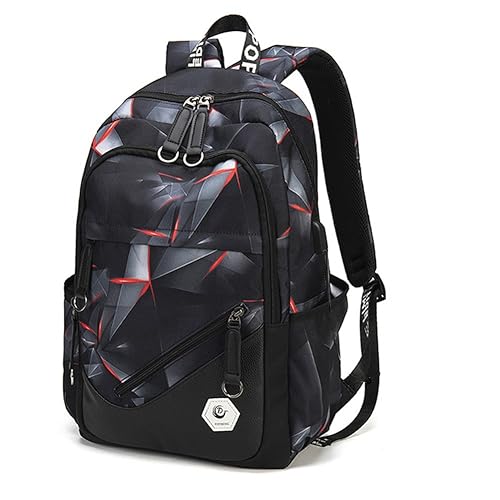 Geometric-Print Boys Backpack for Elementary Middle School Kids Bookbag School Bag for Teens Black Red - color: Black+red, size: Style A-with USB Port