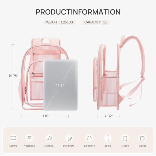 Telena Clear Backpack with Multi-pockets, Heavy Duty TPU Transparent Bag with Reinforced Straps, Large See Through Bookbag for College, Work - Pink - color: 1-pink