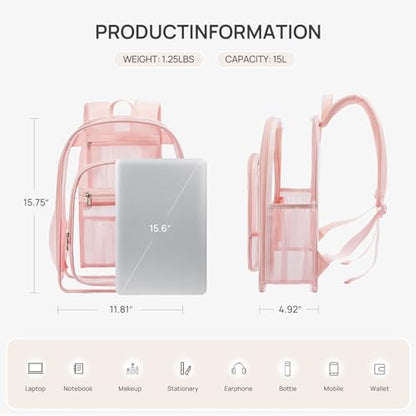 Telena Clear Backpack with Multi-pockets, Heavy Duty TPU Transparent Bag with Reinforced Straps, Large See Through Bookbag for College, Work - Pink - color: 1-pink