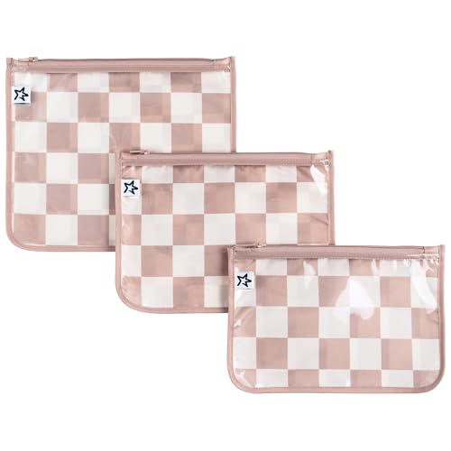 Tiny Twinkle Diaper Bag Organizing Pouches|3 Pack Mess-Proof Clear Front Travel Organizer Bags&TSA Approved Toiletry Bag Set for Baby and Mom Essentials - color: Beige Checkers