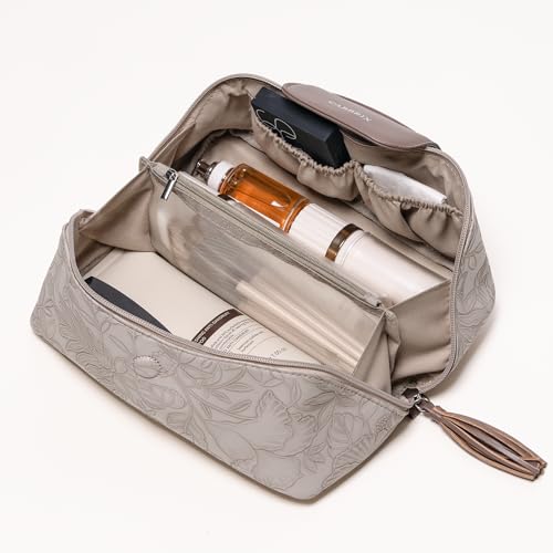 Cabbrix Travel Makeup Bag, Extra Large Capacity 3 Pcs Set Cosmetic Bag for Women, Waterproof PU Leather, Flat Open Portable Toiletry Bag for Skincare, Brushes & Travel Essentials (Apricot) - color: Apricot