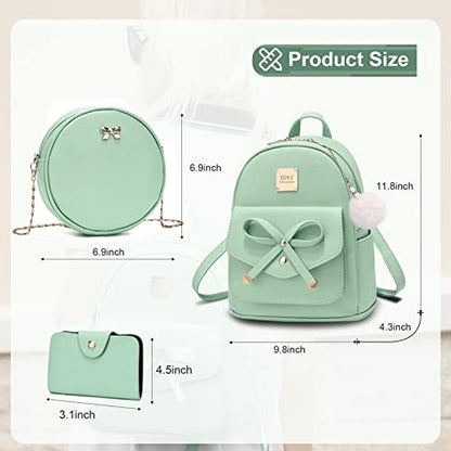 ZGWJ Mini Backpack Purse for Women - 3-Piece Set, Small PU Leather Bowknot Fashion Backpacks, Cute Casual Travel Daypacks - color: Light Green