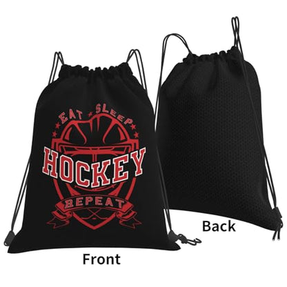 Eat Sleep Hockey Repeat Unisex Drawstring Backpack Bag Sport Gym Travel Swim Sackpack - color: Eat Sleep Hockey Repeat