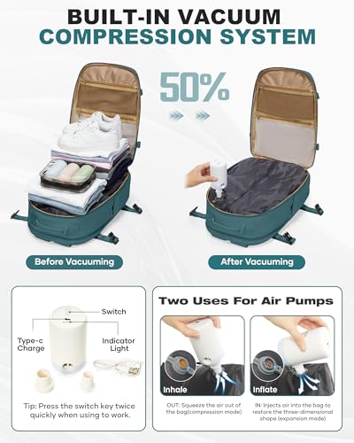 coofay Vacuum Backpack Travel with Pump Vacpack Backpack with Vacuum Seal Backpacks Traveling Backpacks Vacuum Compression Air Travel Bag Carry on Luggage - color: E-peacock Blue