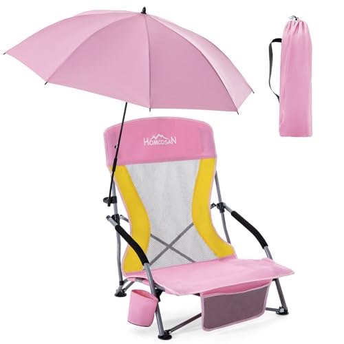 Homcosan Portable Low Folding Beach Chair with Detachable Umbrella - Lightweight Camping Chair for Adults with Cup Holder & Storage Pocket, Carry Bag Included (Pink & Yellow) - color: Pink & Yellow, size: 1 Pack, style: chair with umbrella
