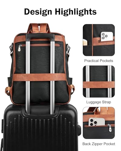 FADEON Laptop Backpack for Women Leather Travel Backpack with Laptop Compartment, Designer PU Shoulder Laptop Bag Black Brown - color: Retro Black With Brown