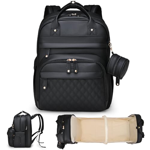 ANWTOTU Leather Baby Diaper Bags with Changing Station,Extra large Capacity Baby Diaper Bag Backpack,Waterproof Baby Essentials(Black) - color: Black-l