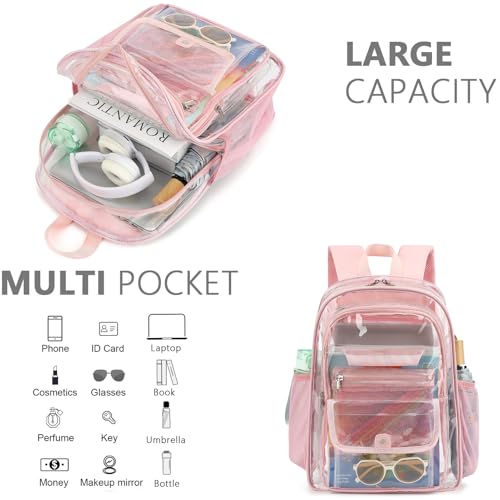 Clear Backpack for Girls Boys Women Men, Heavy Duty Transparent PVC Bookbag for School College Work See Through Backpack,Pink - color: Pink