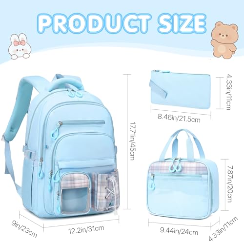 GeeWin Girls Backpack for School with Lunch Box & Pencil Case Set, 17 Inch Stylish Plaid Girls Bookbag with Lots of Pockets for Kids, Teens, Elementary Middle High College School Student (Blue) - color: Blue