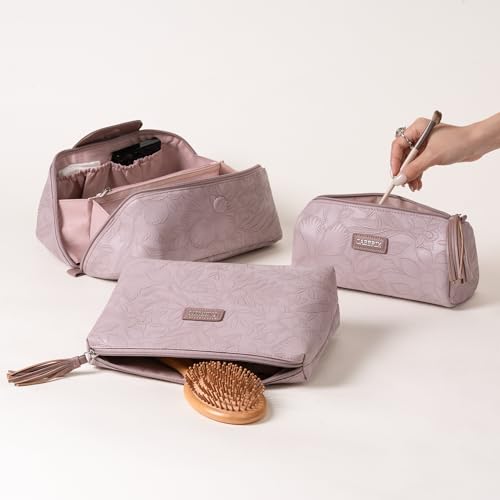 Cabbrix Travel Makeup Bag, Extra Large Capacity 3 Pcs Set Cosmetic Bag for Women, Waterproof PU Leather, Flat Open Portable Toiletry Bag for Skincare, Brushes & Travel Essentials (Purple) - color: Purple