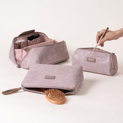 Cabbrix Travel Makeup Bag, Extra Large Capacity 3 Pcs Set Cosmetic Bag for Women, Waterproof PU Leather, Flat Open Portable Toiletry Bag for Skincare, Brushes & Travel Essentials (Purple) - color: Purple