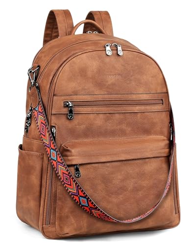 FADEON 15.6 Inch Laptop Backpack Purse for Women, Large Capacity | Vegan Leather Backpack with Padded Straps, Laptop & iPad Slots Fits 13", 14" & 15.6". Roomy for Daily, Work & Travel - color: 1 Brown Retro Style