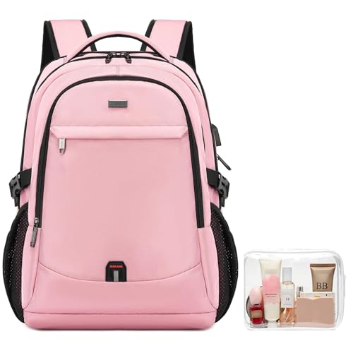 DUSLANG 17 Inch Laptop Backpack for Travel Water Resistant College Backpack for Women Laptop Bag with USB Charging Port and Clear Toiletry Bag Work Backpack,Pink A - color: 30191 Pink With Clear Toiletry Bag, size: 17 Inch