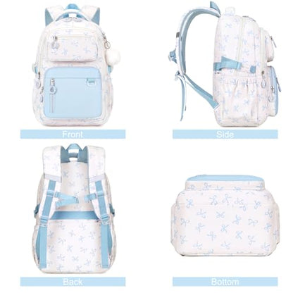 Bevalsa Backpack for Girls 3PCS Teen Girls Bow Backpack for School with Lunch Bag Pencil Case Blue Cute Kids Laptop Backpacks Bookbag for Elementary Middle High School College Student (Bow) - color: Blue Bow