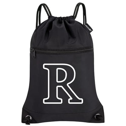 HOLYLUCK Drawstring Bags Initial Backpack Sackpack Cinch Bags for Sports, Gym, Travel, Beach (Black-R) - color: Black-r