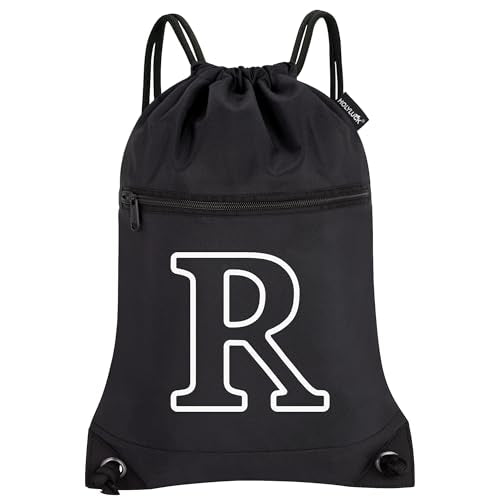 HOLYLUCK Drawstring Bags Initial Backpack Sackpack Cinch Bags for Sports, Gym, Travel, Beach (Black-R) - color: Black-r