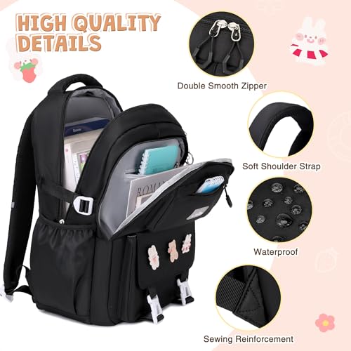 DIGOBAY 3PCS Girls Backpack for School, Kids Backpack for Girls with Lunch Box Pencil Case Set for Teen Girl Elementary Primary Middle High College School Bookbag with Cute Pins (Black) - color: Black