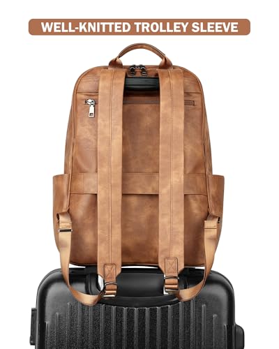 MASINTOR 15.6 inch Leather Laptop Backpack Purse for Women, Designer Travel and Work Bag with Laptop Compartment Mocha Brown - color: Mocha Brown