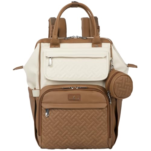BabbleRoo Leather Diaper Bag Backpack, Multifunction Large Bags with Changing Pad & Stroller Straps & Pacifier Case, Unisex Stylish Travel Back Pack Nappy Changing Bag for Moms Dads (Caramel Cream) - color: Vegan Leather, Caramel Cream
