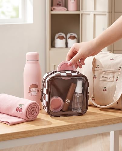 Clear Checkered Makeup Bag, Small Cosmetic Pouch with Zipper Mini Waterproof Makeup Purse Organizer Cute Cosmetic Bag Travel TSA Approved Toiletry Bag Car Organizer for Women Girls (Brown) - color: Brown