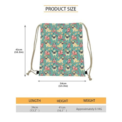 Upetstory Fun Pug Dog Floral Print Drawstring Backpack Shoulder Bags Lightweight Gym Bag Sackpack for Women Girls - color: Pug Dog