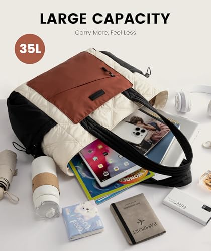 LOVEVOOK Tote Bag for Women, puffer tote bag for Work Travel Nurse, Lightweight quilted Bags with Compartments - color: L-17.3 Inch-cream-black-brown