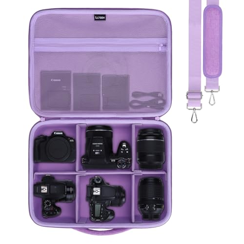 L LTGEM Large Camera Case Compatible with Canon/Sony/Nikon DSLR Mirrorless Camera and Multiple Lens, Hard Travel Carrying Case with 5 Dividers and Shoulder Strap, Purple - color: Purple, size: Large