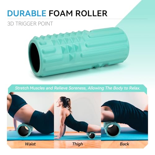 5 in 1 Foam Roller Set, High Density Fitness Exercise Foam Roller for Deep Tissue Muscle Massage, Massage Roller, Massage Ball, Resistance Band, for Whole Body(Tiffany Green) - color: Tiffany Green