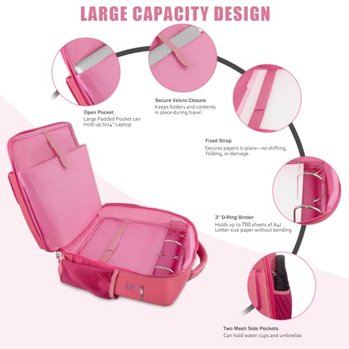 Zipper Binder 700-Sheet 3-inch D Ring with Multiple Pockets Folder Up 14" Laptop Detachable Backpack Straps & Shoulder Use for School and Office（red） - color: Plum Red