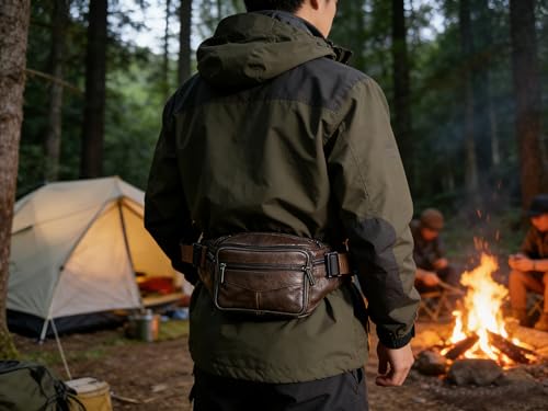 large 6 Pockets Leather Fanny Pack Travel Waist packs Waist Pack Suitable for Outdoor Mountaineering Travel Camping Cycling Running etc Fanny packs (Dark brownk) - color: Dark brown 2025 model