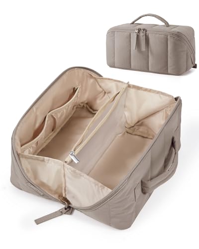 BAGSMART Travel Makeup Bag for Women, Portable Water-resistant Cosmetic Case, Puffy Padded Make Up Organizer Pouch, Open Flat Toiletry Bag for Toiletries, Brushes, Brown - color: 07-Greige