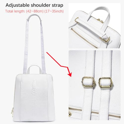 zency 100% Genuine Leather Knapsack Ladies Alligator Pattern Women Backpack For Work Laptop (White) - color: White