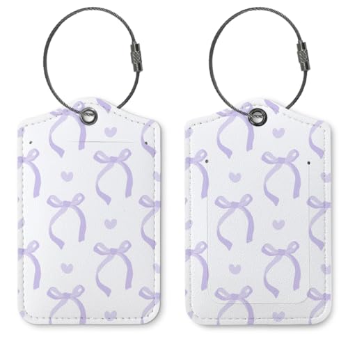 Coquette Purple Bow Luggage Tags for Suitcases 2 Pack, Cute Purple Bow Heart Pattern PU Leather Bag Tag with Privacy Cover Stainless Steel Loop, Travel Gifts for Women Teen Girls - color: Purple Bow