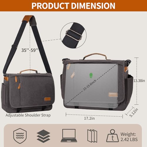 ESTARER Computer Messenger Bag 15-15.6 inch, Laptop Work Bag Briefcase for Bussiness/College/Travel, Water-resistant Canvas Shoulder Satchel, Grey - color: 15.6'' Buckle-grey