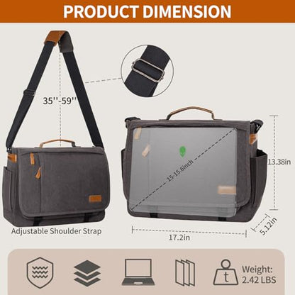 ESTARER Computer Messenger Bag 15-15.6 inch, Laptop Work Bag Briefcase for Bussiness/College/Travel, Water-resistant Canvas Shoulder Satchel, Grey - color: 15.6'' Buckle-grey